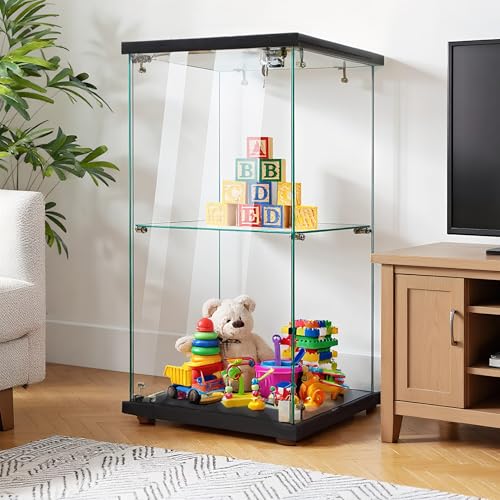 Glasvitrine mit LED-Beleuchtung in Schwarz, 86x43x37cm, Modern Vitrine mit 2 Regalen, 1 Türen Glas...