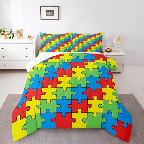 Image of Feelyou Funny Colorful Blocks Kids Bedding Set Boys Girls Abstract Geometric Comforter Set Queen Size Game Pieces Fractal Hobby Duvet Insert Bright Multicolor Room Decor