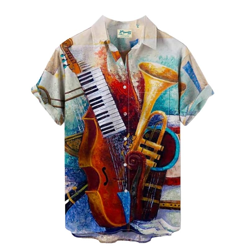 FWJZDSP Chemise hawaïenne à Manches Courtes pour Homme, Motif Guitare, Basse, Instruments de Musique, Douce et Moderne