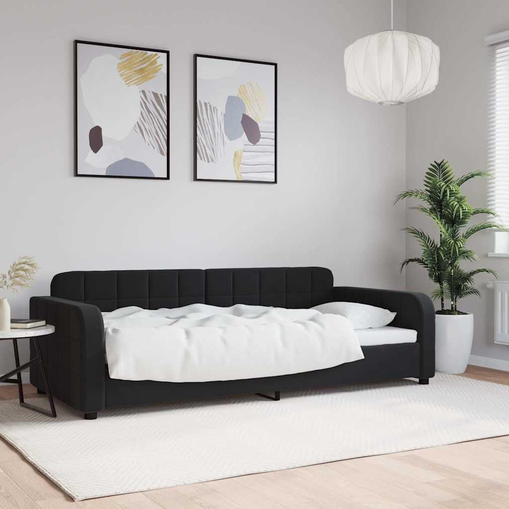Sofa z funkcją spania czarna aksamit 90x200 cm rozkładana kanapa z materacem nowoczesna tapicerowana podwójne zastosowanie do salonu i sypialni metalowa rama i drewno gościnna dzienna z pojemnikiem