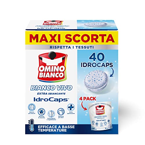 Omino Bianco - Additivo Lavatrice Bianco Vivo Idrocaps, Capsule Idrosolubili per Bucato, Azione Sbiancante e Smacchiante, 10 Caps x 4