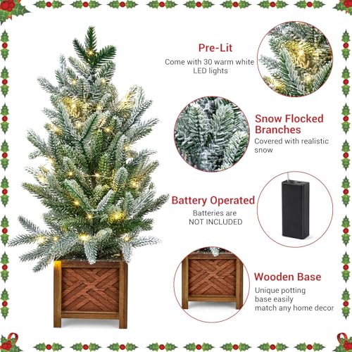 GarveeHome Small Christmas Tree with Lights, 24 Inch Prelit Artificial Mini Christmas Tree, Tabletop Snow Flocked Xmas Tree in Wood Pot for Table Centerpiece Office Dorm Desk Decorations