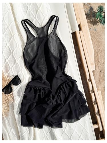 MakeMeChic Women's Bathing Suit Cover Up Sleeveless Mesh Sheer Tiered Ruffle Dress Beach Cover Ups3