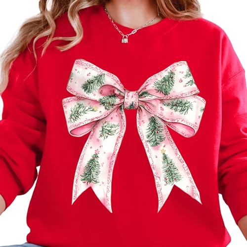 Christmas Graphic Tree Ribbon Sweatshirt, Merry Christmas Coquette Tee, Family Matching Christmas Pajamas, Cute Xmas Ribbon Sweater, Christmas Tree Hoodie, Christmas Party Crewneck Multi Color
