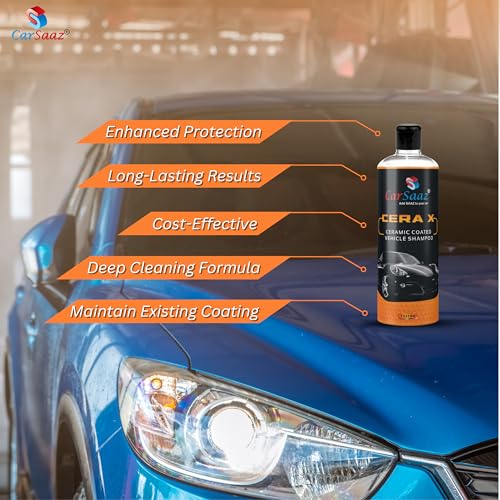 Image of CAR SAAZ Cera X Ceramic Car & Bike Wash Shampoo 1 Litre with Microfiber Cloth 380 GSM | Car Shampoo for Ceramic Coated Vehicles | pH Neutral, Super Suds, Highly Effective (1000 ml)