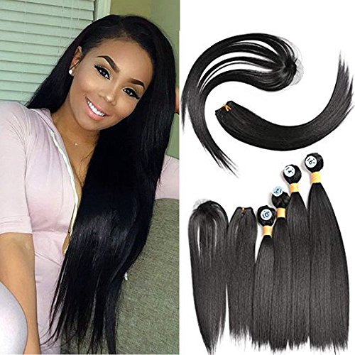 Hair Extensions Straight Hair Bundles with Closure Synthetic Hair 4 bundles Weave Natural Black Color (10'' 12'' 14'' 16'')