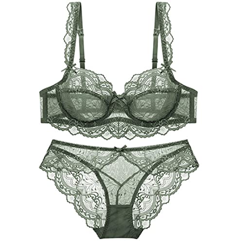 WEITING Sexy Spitze Ultra Dünn BH und Höschen Set Große Größe Unterwäsche Set Dessous Frauen Brassieres A B C D E Cup 95C 95D-Grün,75B