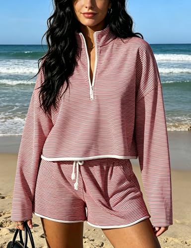 Image of Bozanly Two Piece Outfits for Women Trendy Long Sleeve Tops Shorts Set