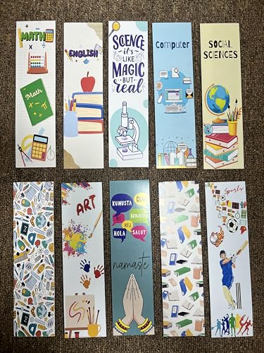 Image of CJ's Designer Class Subject Bookmark Set of 10 (7 x 2 INCHES) with Free Sticker - Perfect for Keeping Students Organized and Motivated, Multi-Color Bookmarks inch