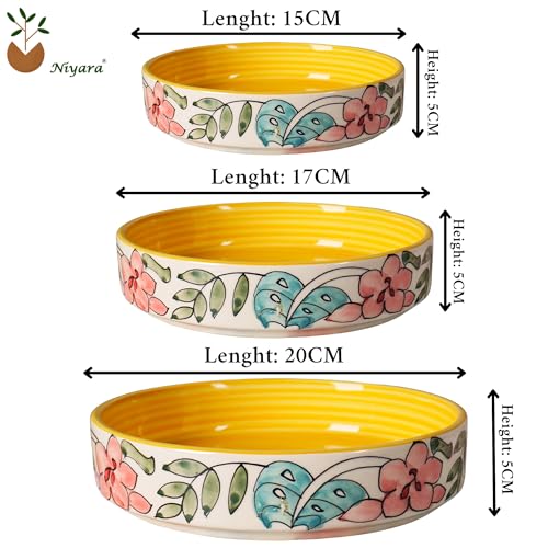 Image of Niyara Stoneware Handmade Ceramic Stylish Premium Serving Bowls /Salad Tray Microwave Dishwasher Safe (Yellow Flower Salad Bowl Set 3)