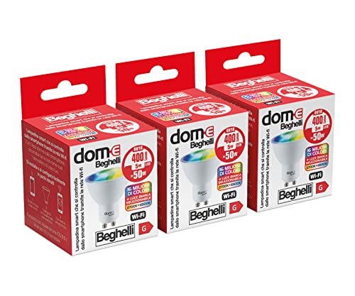 Beghelli Dom Lampadina LED Alexa Smart SPOT GU10 RGB-CCT WiFi, Lampada Compatibile con App, Facile Installazione Regolazione di Colori a Luce Calda e Luce Fredda, 3 pz
