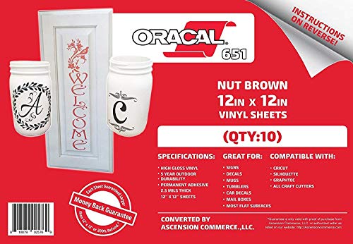 (10 Sheets) Oracal 651 Nut Brown Adhesive Craft Vinyl for Cricut, Silhouette, Cameo, Craft Cutters, Printers, and Decals - 12" x 12" - Gloss Finish - Outdoor and Permanent