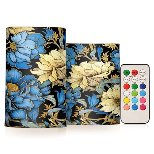 Image of ALAZA Blue Gold Luxury Flowers Flickering Flameless Candles Battery Operated with Remote Timer,Tea Light Candles LED Pillar Votive Candles Set of 2 for Outdoor Indoor Decorations