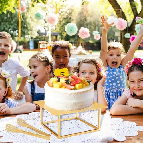 Dualshine 3 Pcs Square Gold Cake Stand Set, 8" 10" 12" Elegant Wedding Cake Stands & Dessert Table Display - Perfect for Birthday, Wedding Reception & Party Decor - Includes 2 Gold Tongs (Metal) - Image 7