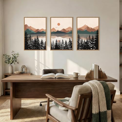 Image of KAIRNE Boho Mountain Sunset Framed Canvas Wall Art Set,Colorful Mid Century Forest Wall Decor,Beige Nature Pine Tree Art Prints,Abstract Modern Landscape Artwork for Living Room,Bedroom,Farmhouse,Office-16 inchx24 inchx3