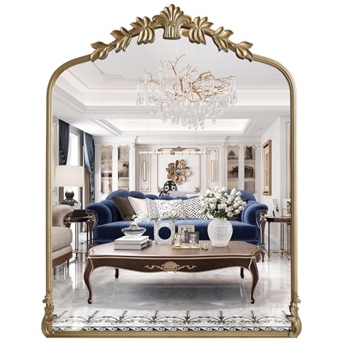Image of WallBeyond Gold Antique Mirror for Vanity 28x36 Inch, Gold Vintage Mirror with Ornate Frame, Arched Vintage Wall for Bathroom, Living Room, Fireplace