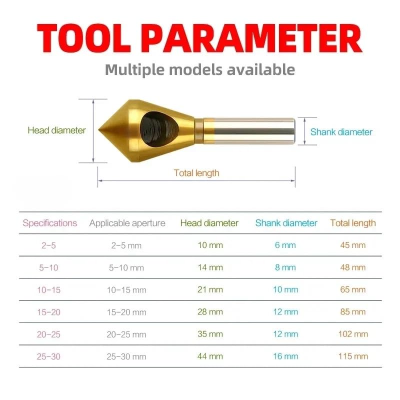 1pc 2-5 5-10 10-15 15-20 20-25 25-30 Rivestito in titanio Sbavatura a 90 gradi Smussatura Punta svasatrice for metallo Foro liscio(25-30)