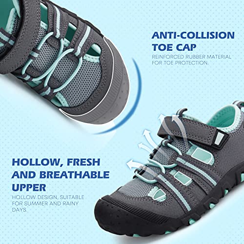 Firelli Kids Closed Toe Water Sandals Boys Girls Outdoor Athletic Strap Breathable Summer Sport Sandal (12,Grey/Mint Green) #TOP5