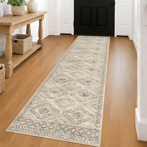KILOCOCO Hallway Runner Rug 2'x8' Runners for Hallways Washable Runner Rug Non Slip Rubber Backed Low-Pile Runners for Bedroom Kitchen Living Room Laundry Room Boho Rugs, Beige/Gray/Green