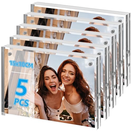 Oungy Lot de 5 cadres photo magnétiques en acrylique - Double face - 10 x 15 cm - Transparents - Sans cadre - Magnétique - En format portrait ou paysage -...
