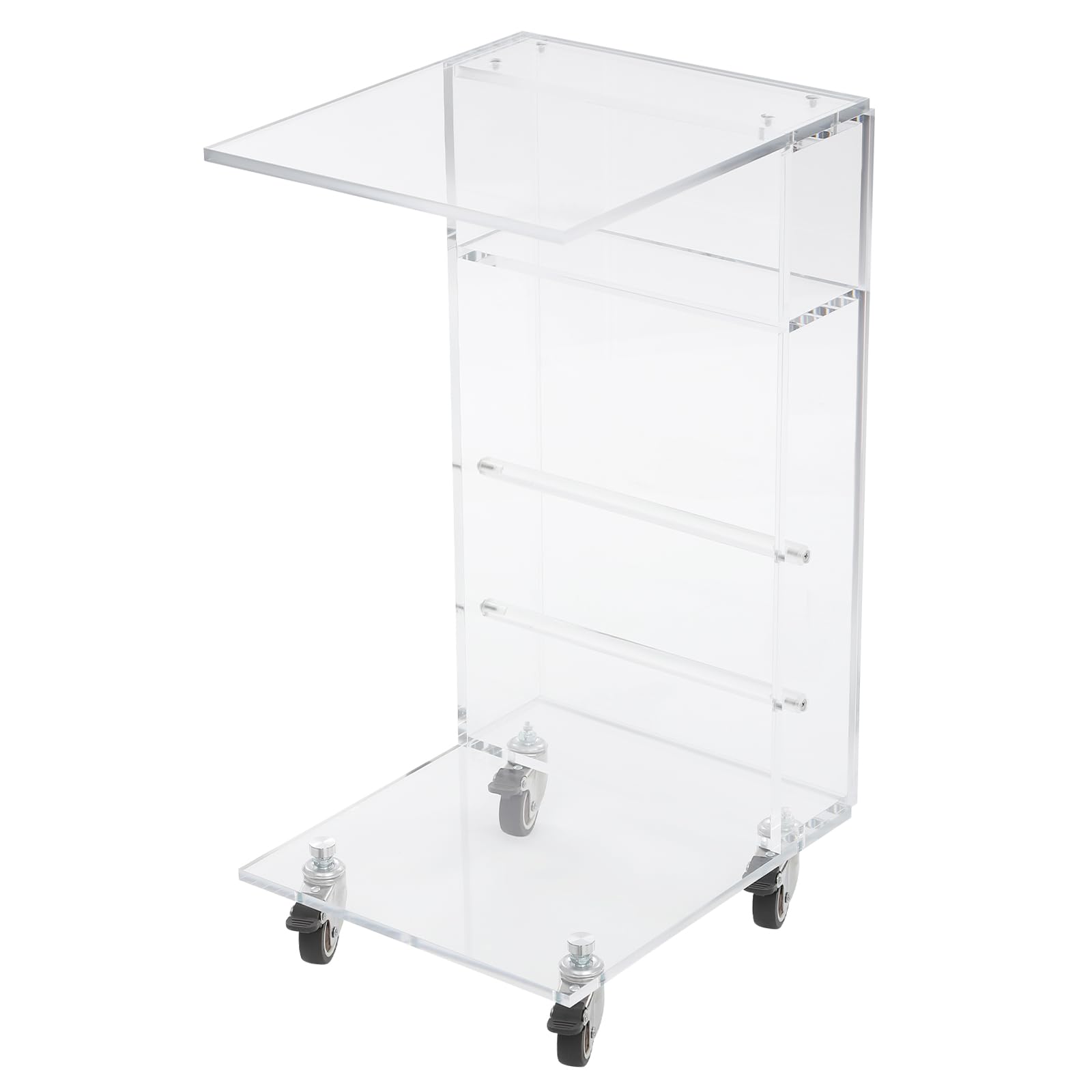 Modern Acrylic Side Table, C-Shaped End Table with Storage and Lockable Wheels, Acrylic End Tabe for Living Room, Bedroom, Clear