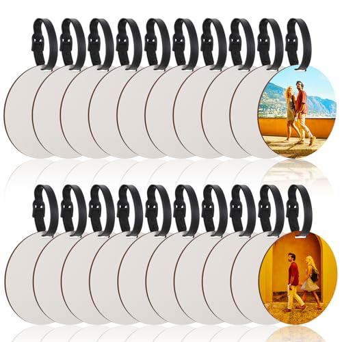 20 Pcs Sublimation Luggage Tag Blanks 4in Round Sublimation Luggage Tags Bulk with Strap, White Double Sided MDF Suitcase Label Tag with Slots Blanks for DIY Crafting Heat Transfer Photo Name ID