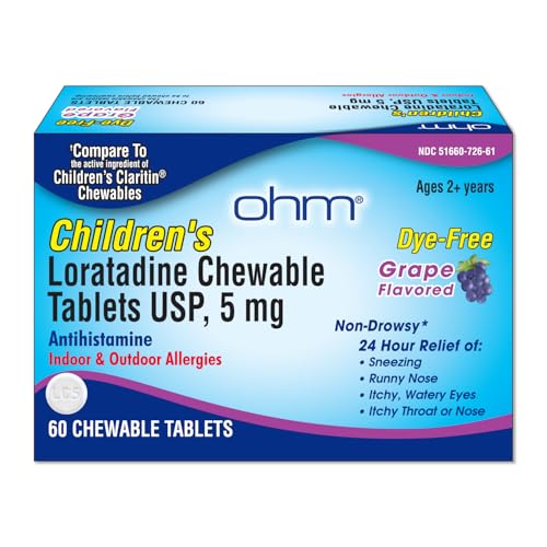 Ohm Children's Allergy Medicine, Loratadine 5mg, Chewable Tablets (60 Count) Grape Flavor,...