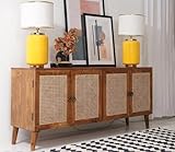 Space Galaxy Wooden Sideboard Cabinet for Living Room, Drawing Room, Office & Lounge | Material: Sheesham Solid Wood, Rattan Cane | Storage Type: 4 Doors | Finish: Natural