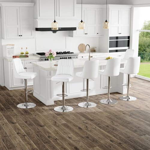 Image of Swivel Bar Stools Set of 6 - White Barstools with Back,Adjustable Counter Height Bar Stools with Sturdy Metal Legs,Leather Counter Height Stools Ideal for Kitchen Island Pub(25''-33''H)