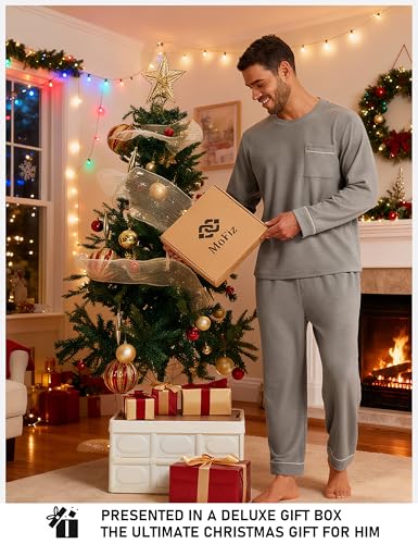 Image of Mofiz Men's Pajama Sets Viscose Long Sleeve Crewneck Warm Sleepwear