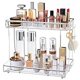 Megier Bathroom Organizer Countertop Perfume Organizer Makeup Organizer Cosmetics Storage Display Rack Vanity Tray Dresser Steel Chrome Shelf Transparency Wavy Acrylic Tray (2 Tier Chrome)