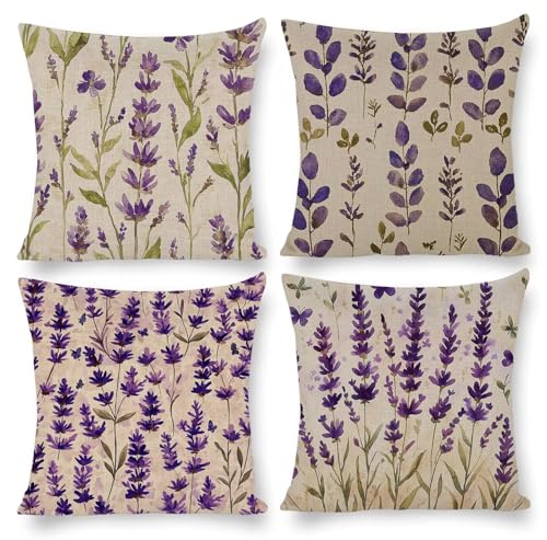 クッションカバー 4枚セット 60x60cm 正方形 おしゃれ かわいい 北欧 隠しファスナー 亜麻 ソファ背当て 装飾枕カバー 座布団カバー 家庭装飾 車 椅子 飾り 四季通用 インテリア 女性 祝日のプレゼント (ラベンダー) q-747