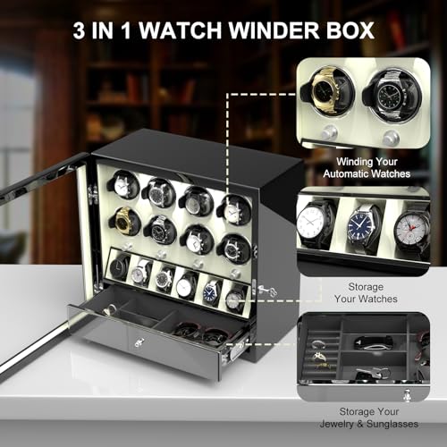Image of DUKWIN Watch Winder for Automatic Watches, White Lockable Watch Winders with Extra Watch Storage, Jewelry Storage, 4 Rotation Modes, LED Light, Super Quiet Mabuchi Motor and Spring Watch Pillows