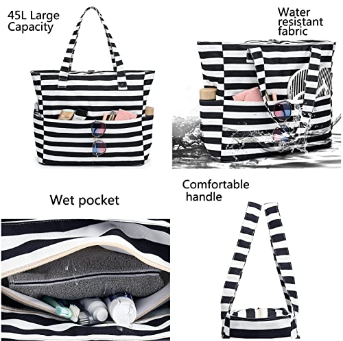LEDAOU Beach Bag Waterproof Sandproof Women Tote Bag Pool Bag with Zipper for Gym Grocery Travel with Wet Pocket - Image 4