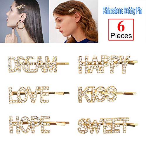 Onene 6 pieces Rhinestones Letter Bobby Pins, Word Crystal Hair Pins, Metal Hair Clips Hair Barrettes, Sparkly Hair Accessories for Women Ladies Hair Accessories, Gold Color