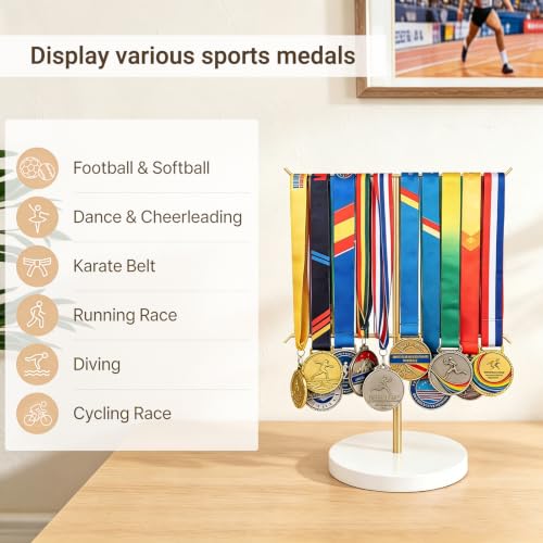 Image of Mkono Medal Hanger Display, Metal Medal Holder, Race Award Medals Display Stand for Running, Sports, Marathon, Wrestling, Taekwondo, Wood and Iron Material, 12x16 Inches (Gold and white)