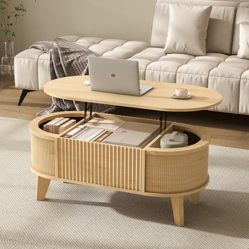 LYNCOHOME Fluted Lift Top Coffee Table with Storage,Modern Oval C...