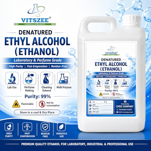 Image of VITSZEE Denatured Ethyl Alcohol 1L (Ethanol) | Laboratory & Perfume Grade | 99% Purity | Multi-Purpose Solvent | Fast Evaporation | Residue-Free Cleaning