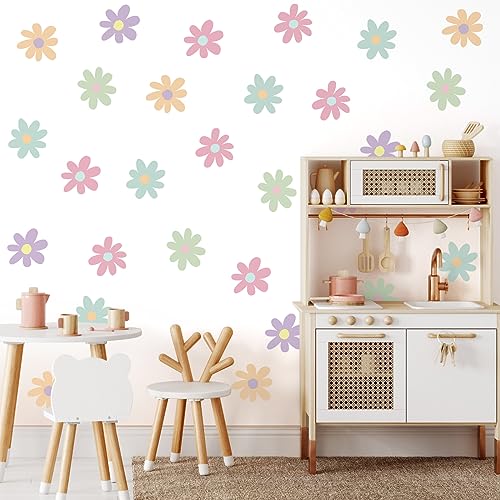Image of BBTO Daisy Wall Decal Flower Vinyl Wall Decals Daisy Stickers Floral Decals Peel and Stick for Nursery Art Bedroom Living Room(Simple Style,Novel Color)