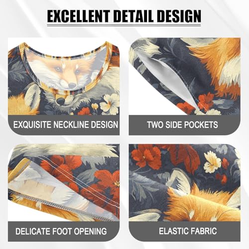 ALAZA Flower Blossom Animal Fox Pajamas Set Short Sleeve Cotton Sleepwear Summer Pjs 2 Piece 5-14Y4