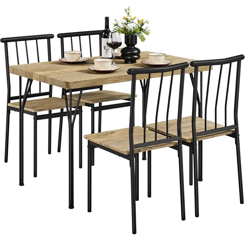 Yaheetech Tavolo da Pranzo con 4 Sedie Industriale Set 5 Pezzi Mobili da Bar Cucina Soggiorno Retro Salvaspazio in Legno e Metallo Marrone Tavolo 110x70x76.5cm Piano Spesso 4cm