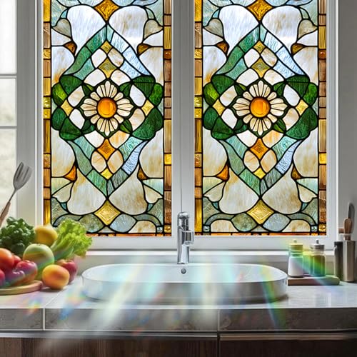 Image of Nuxovilar Stained Glass Floral Window Film, 17.7x39.4inch | Central Sunflower Pattern Static Cling for Home & Decor (Sparkle)