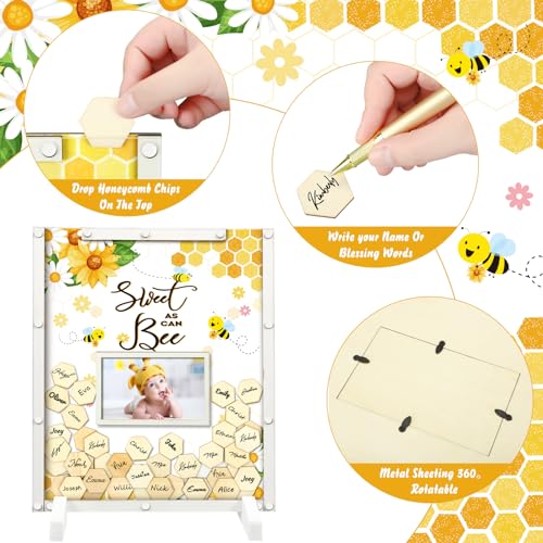 Image of 65 Pcs Sweet As Can Bee Baby Shower Decorations Bee Baby Shower Guest Book Alternatives He or She Gender Reveal Decorations Sign in Guest Book with Picture Frame and 60 Wooden Chip Decors