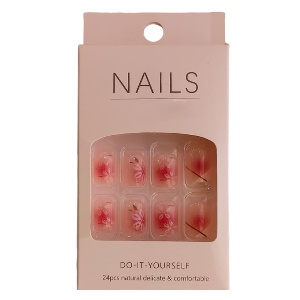S.A.V.I 24Pc Floral French Fake Nails - Nude & Peach Square Press-Ons w/Glue & Tabs 1