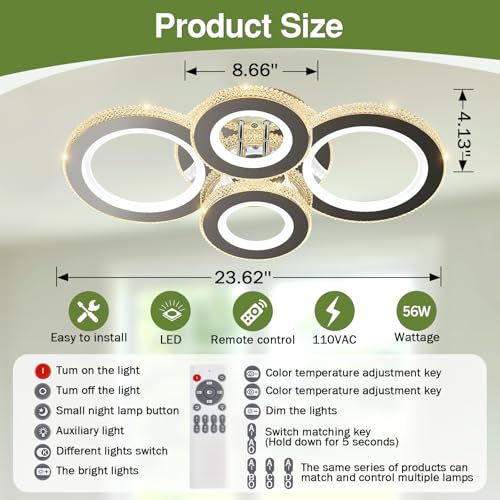 Image of Modern 56W Ceiling Light 4-Rings LED Ceiling Light Fixture with Remote Control Chrome Acrylic Dimmable Flush Mount Stainless Steel Chandelier for Livingroom Dining Room Kitchen Bedroom.
