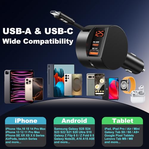 OKRAY 78W 3-Port Car Charger with Retractable USB-C PD30W Fast Charge Cord - image 7