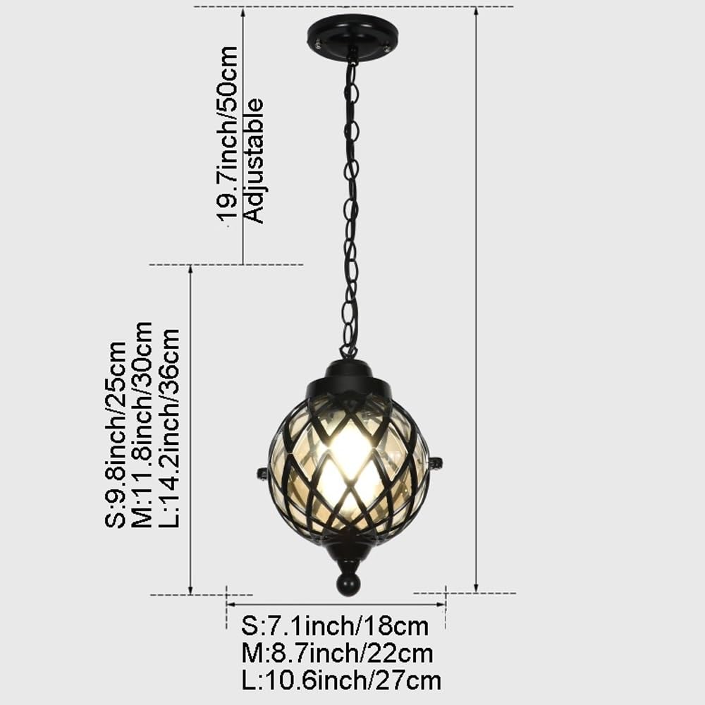 Europejskie oświetlenie wiszące, lampa wisząca w kształcie kuli, zewnętrzne oświetlenie wiszące do wejścia na ganek, przedsionek, hol(Black,H:14.2inch/36cm)