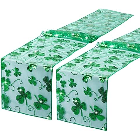 St. Patrick's Day Pailletten-Tischläufer, Dekoration, Glückskleeblatt, 183x30 cm, rechteckiger Tischläufer für St. Patricks Day Party Event Dekorationen (2 Stück) Cover