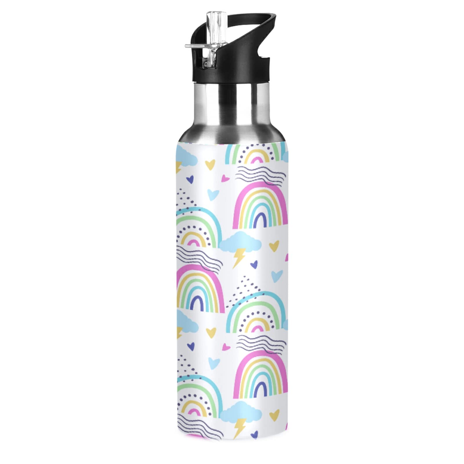 Mnsruu Kinder-Trinkflasche 600 Ml – Edelstahl Isoliert, BPA-frei, Mit Strohhalm & Trageschlaufe, Koala-Regenbogen-Design