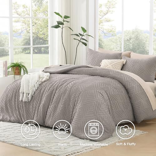 Image of Litanika Queen Comforter Set Rose Grey, 3 Pieces Cream Tufted Boho Farmhouse Bedding Comforter Sets, Lightweight Fluffy Comforter Bed Set for All Season (90x90In Comforter and 2 Pillowcases)